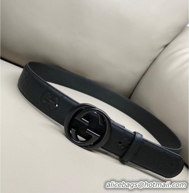 Luxury Cheap Gucci Milano Maxi GG Grained Leather Belt 4cm with Interlocking G Buckle GG010901 All Black 2025