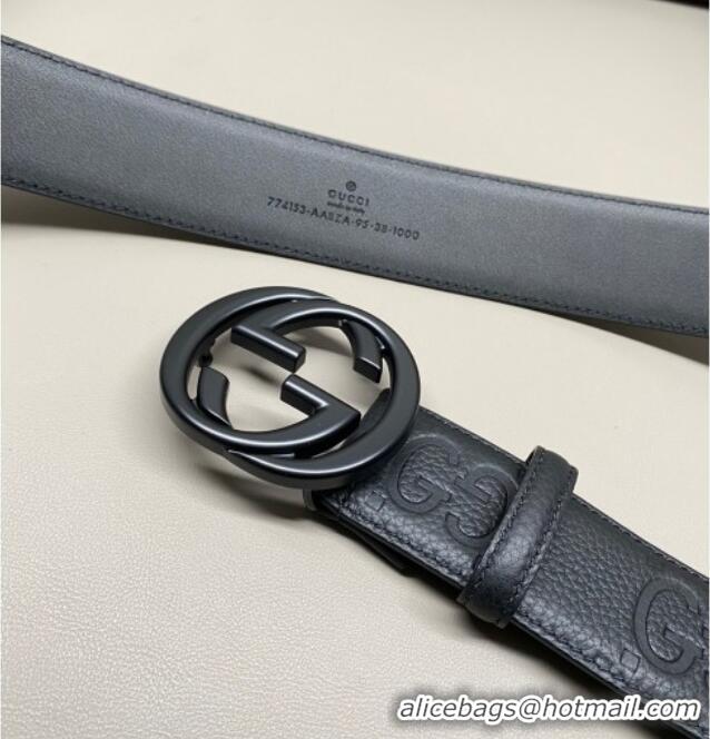 Luxury Cheap Gucci Milano Maxi GG Grained Leather Belt 4cm with Interlocking G Buckle GG010901 All Black 2025