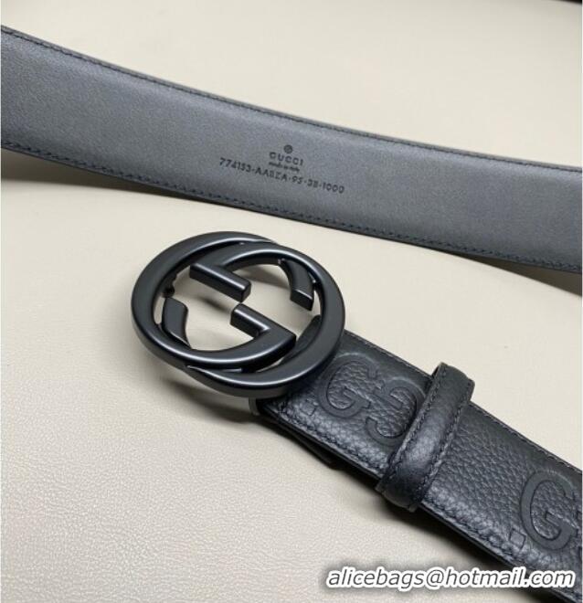 Luxury Cheap Gucci Milano Maxi GG Grained Leather Belt 4cm with Interlocking G Buckle GG010901 All Black 2025