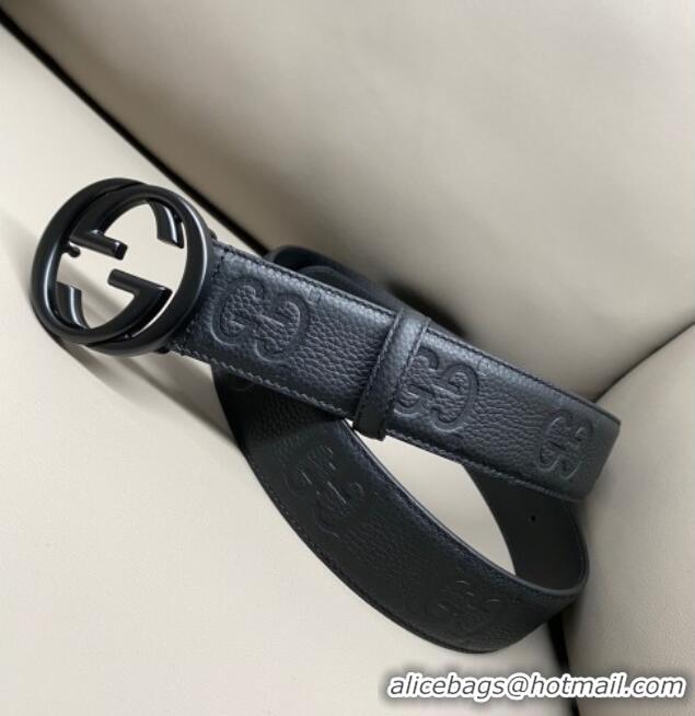 Luxury Cheap Gucci Milano Maxi GG Grained Leather Belt 4cm with Interlocking G Buckle GG010901 All Black 2025