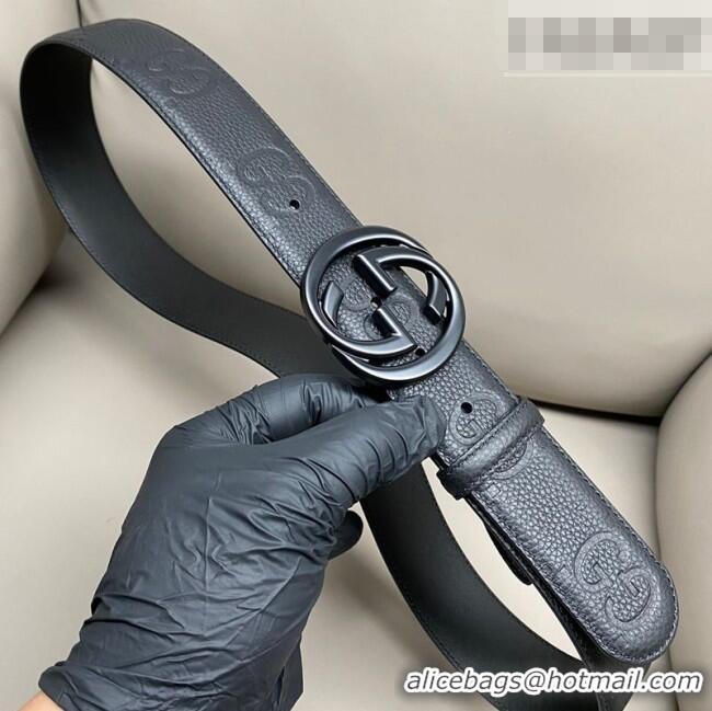 Luxury Cheap Gucci Milano Maxi GG Grained Leather Belt 4cm with Interlocking G Buckle GG010901 All Black 2025