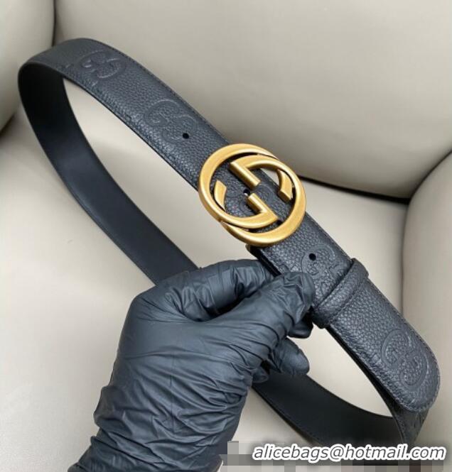Top Grade Gucci Milano Maxi GG Grained Leather Belt 4cm with Interlocking G Buckle GG010901 Black/Aged Gold 2025