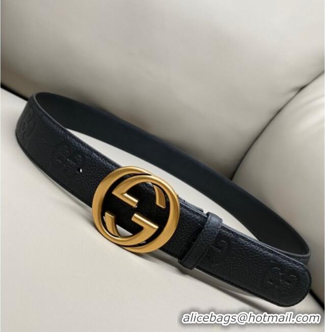 Top Grade Gucci Milano Maxi GG Grained Leather Belt 4cm with Interlocking G Buckle GG010901 Black/Aged Gold 2025
