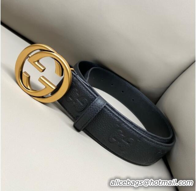 Top Grade Gucci Milano Maxi GG Grained Leather Belt 4cm with Interlocking G Buckle GG010901 Black/Aged Gold 2025