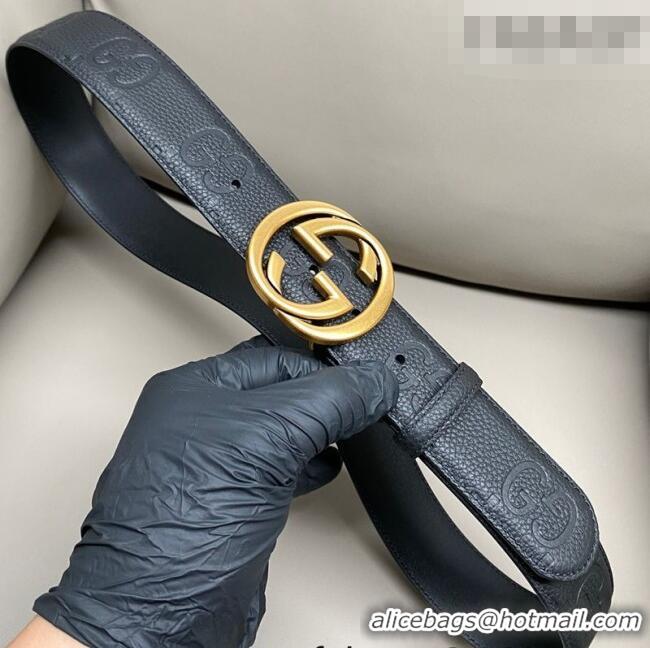 Top Grade Gucci Milano Maxi GG Grained Leather Belt 4cm with Interlocking G Buckle GG010901 Black/Aged Gold 2025