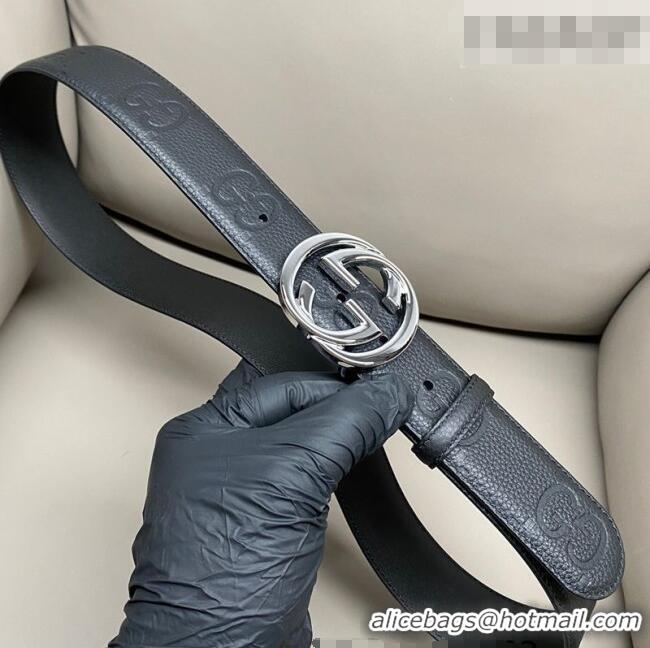 Big Discount Gucci Milano Maxi GG Grained Leather Belt 4cm with Interlocking G Buckle GG010901 Black/Shiny Silver 2025