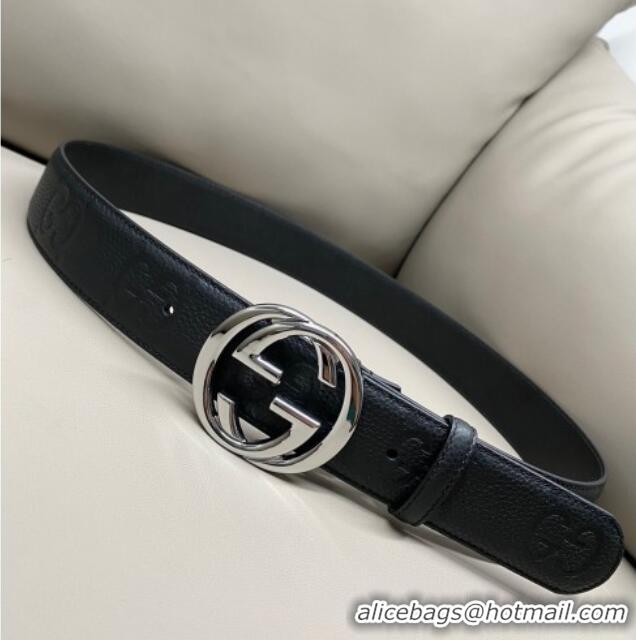 Big Discount Gucci Milano Maxi GG Grained Leather Belt 4cm with Interlocking G Buckle GG010901 Black/Shiny Silver 2025