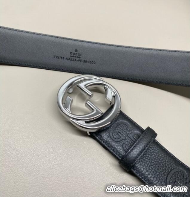 Big Discount Gucci Milano Maxi GG Grained Leather Belt 4cm with Interlocking G Buckle GG010901 Black/Shiny Silver 2025