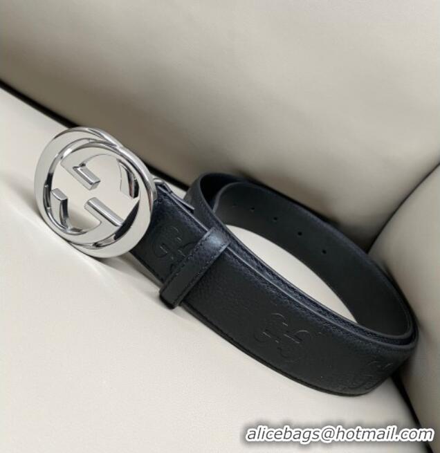 Big Discount Gucci Milano Maxi GG Grained Leather Belt 4cm with Interlocking G Buckle GG010901 Black/Shiny Silver 2025