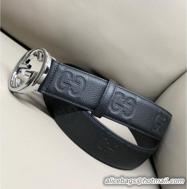 Big Discount Gucci Milano Maxi GG Grained Leather Belt 4cm with Interlocking G Buckle GG010901 Black/Shiny Silver 2025