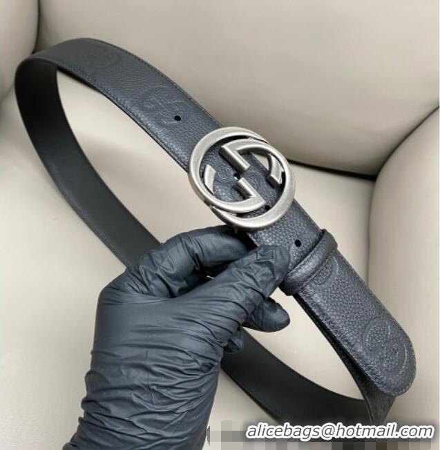 Classic Specials Gucci Milano Maxi GG Grained Leather Belt 4cm with Interlocking G Buckle GG010901 Black/Aged Silver 202