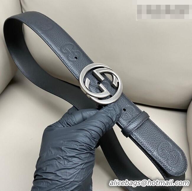 Classic Specials Gucci Milano Maxi GG Grained Leather Belt 4cm with Interlocking G Buckle GG010901 Black/Aged Silver 202