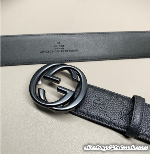 Top Quality Gucci GG Embossed Grained Leather Belt 4cm with Interlocking G Buckle GG010902 All Black 2025