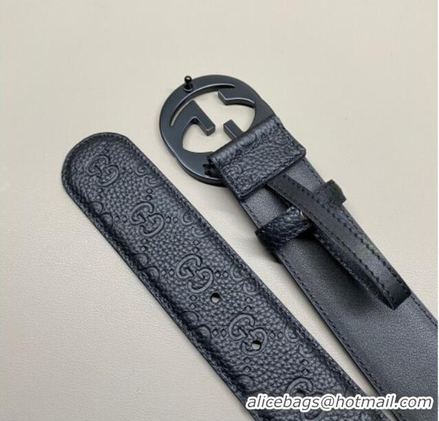 Top Quality Gucci GG Embossed Grained Leather Belt 4cm with Interlocking G Buckle GG010902 All Black 2025