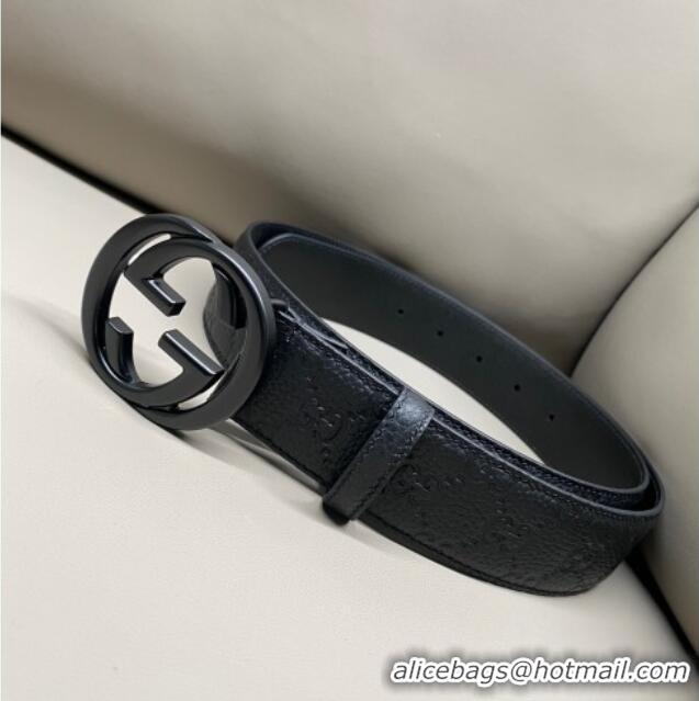 Top Quality Gucci GG Embossed Grained Leather Belt 4cm with Interlocking G Buckle GG010902 All Black 2025