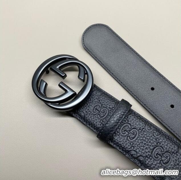 Top Quality Gucci GG Embossed Grained Leather Belt 4cm with Interlocking G Buckle GG010902 All Black 2025
