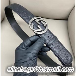 Low Price Gucci GG Embossed Grained Leather Belt 4cm with Interlocking G Buckle GG010902 Black/Aged Silver 2025