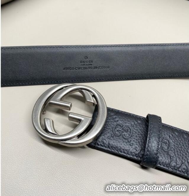 Low Price Gucci GG Embossed Grained Leather Belt 4cm with Interlocking G Buckle GG010902 Black/Aged Silver 2025