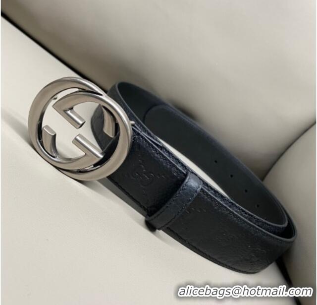 Low Price Gucci GG Embossed Grained Leather Belt 4cm with Interlocking G Buckle GG010902 Black/Aged Silver 2025
