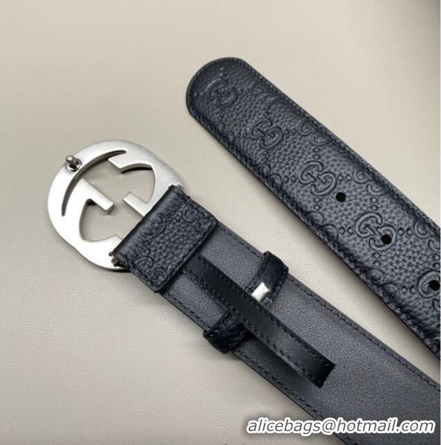 Low Price Gucci GG Embossed Grained Leather Belt 4cm with Interlocking G Buckle GG010902 Black/Aged Silver 2025