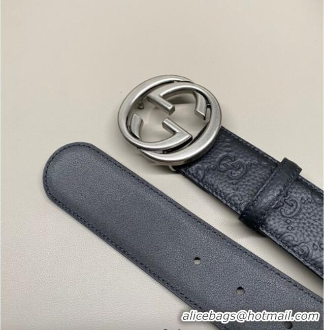 Low Price Gucci GG Embossed Grained Leather Belt 4cm with Interlocking G Buckle GG010902 Black/Aged Silver 2025