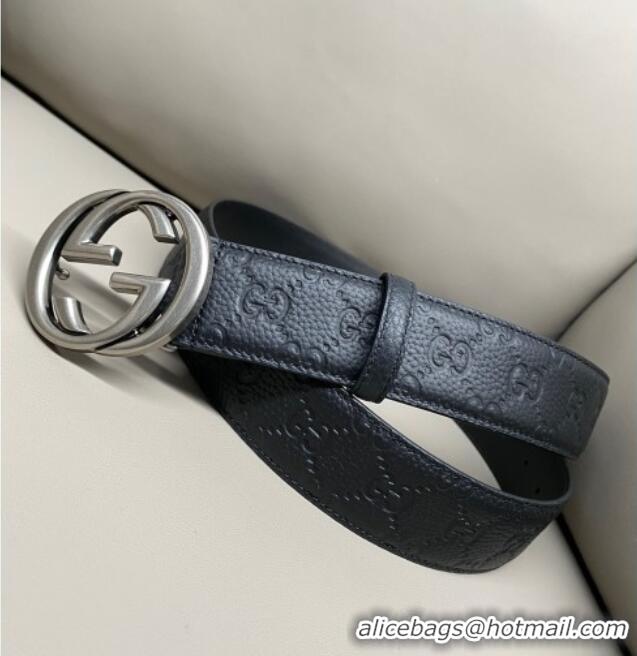 Low Price Gucci GG Embossed Grained Leather Belt 4cm with Interlocking G Buckle GG010902 Black/Aged Silver 2025
