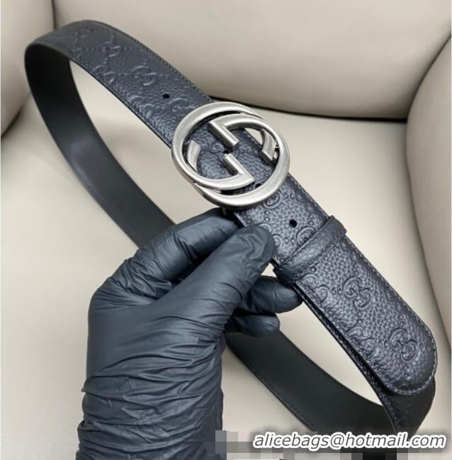 Low Price Gucci GG Embossed Grained Leather Belt 4cm with Interlocking G Buckle GG010902 Black/Aged Silver 2025