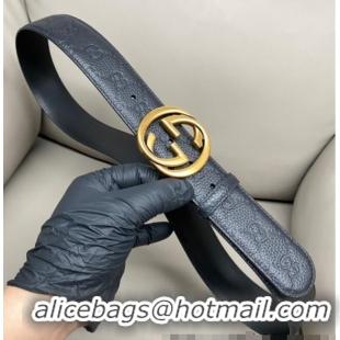Promotional Gucci GG Embossed Grained Leather Belt 4cm with Interlocking G Buckle GG010902 Black/Aged Gold 2025