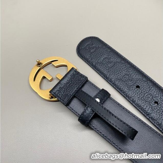 Promotional Gucci GG Embossed Grained Leather Belt 4cm with Interlocking G Buckle GG010902 Black/Aged Gold 2025