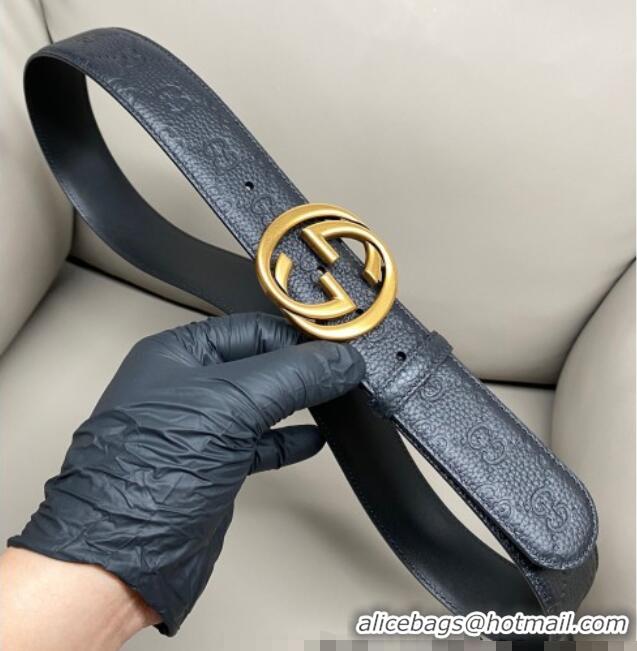 Promotional Gucci GG Embossed Grained Leather Belt 4cm with Interlocking G Buckle GG010902 Black/Aged Gold 2025