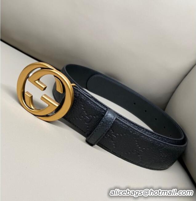 Promotional Gucci GG Embossed Grained Leather Belt 4cm with Interlocking G Buckle GG010902 Black/Aged Gold 2025