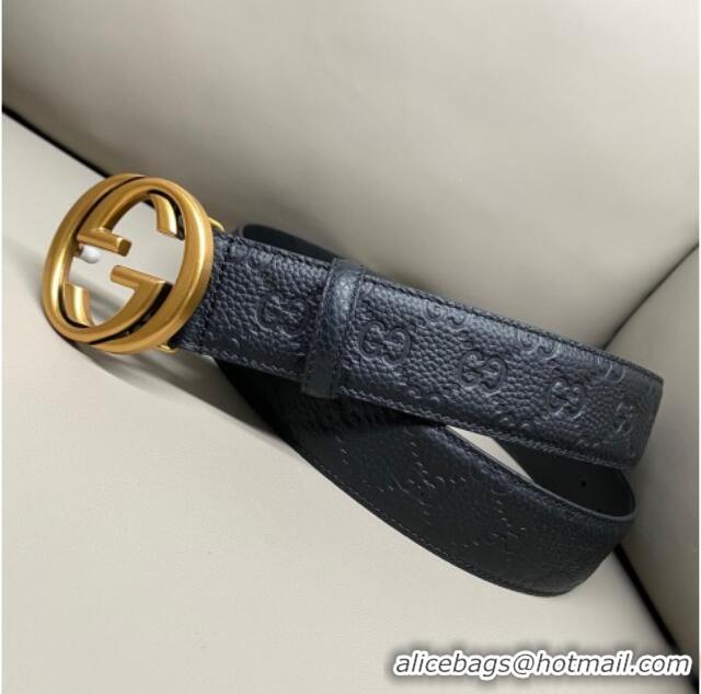 Promotional Gucci GG Embossed Grained Leather Belt 4cm with Interlocking G Buckle GG010902 Black/Aged Gold 2025