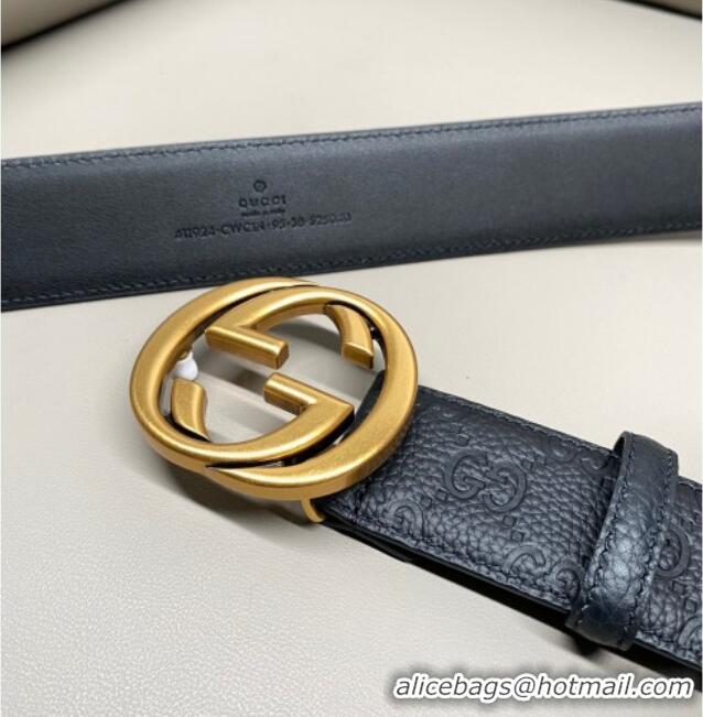 Promotional Gucci GG Embossed Grained Leather Belt 4cm with Interlocking G Buckle GG010902 Black/Aged Gold 2025