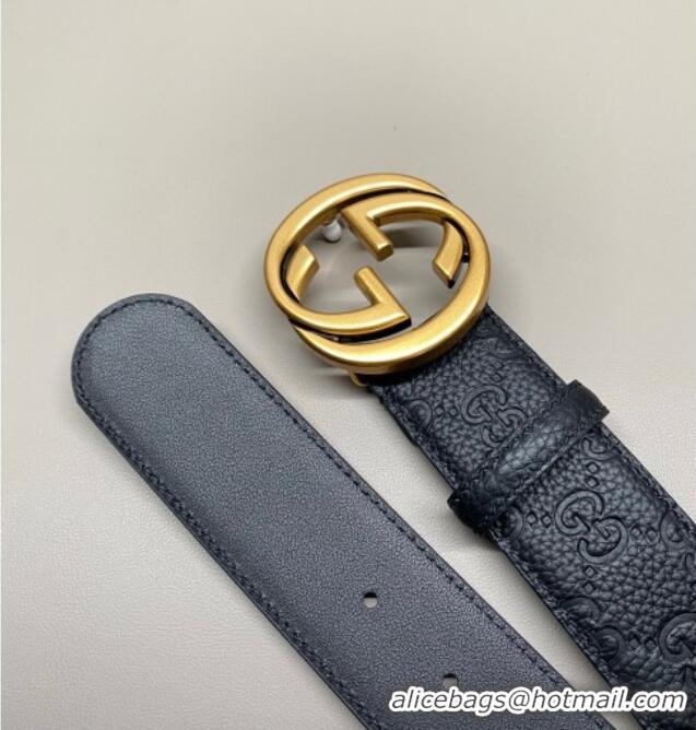 Promotional Gucci GG Embossed Grained Leather Belt 4cm with Interlocking G Buckle GG010902 Black/Aged Gold 2025