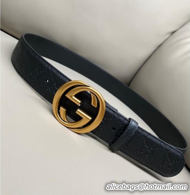 Promotional Gucci GG Embossed Grained Leather Belt 4cm with Interlocking G Buckle GG010902 Black/Aged Gold 2025
