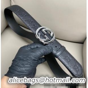 Best Price Gucci GG Embossed Grained Leather Belt 4cm with Interlocking G Buckle GG010902 Black/Shiny Silver 2025
