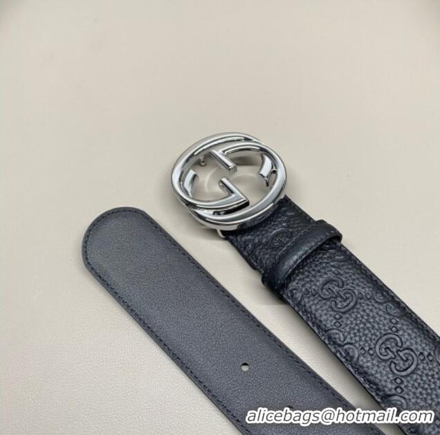 Best Price Gucci GG Embossed Grained Leather Belt 4cm with Interlocking G Buckle GG010902 Black/Shiny Silver 2025
