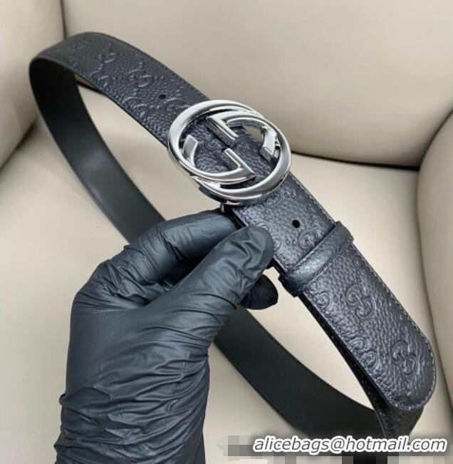 Best Price Gucci GG Embossed Grained Leather Belt 4cm with Interlocking G Buckle GG010902 Black/Shiny Silver 2025