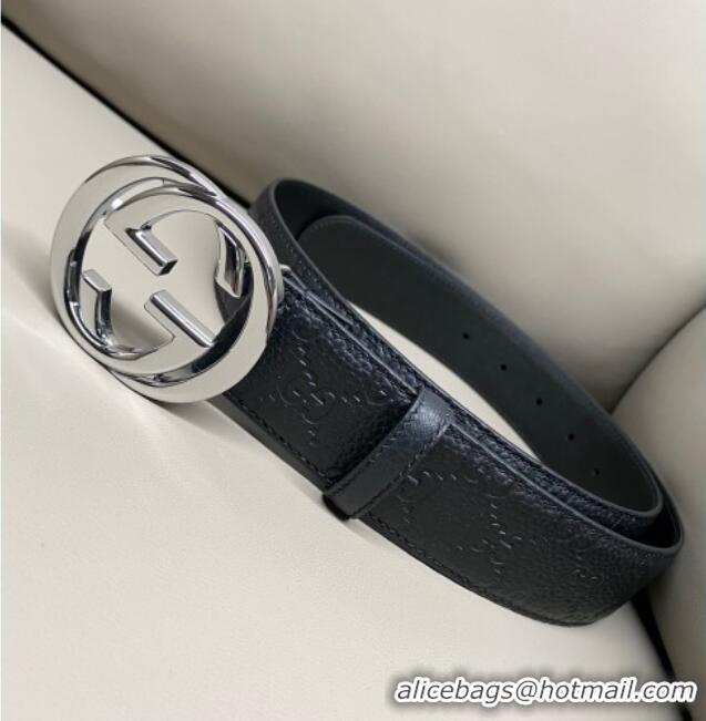 Best Price Gucci GG Embossed Grained Leather Belt 4cm with Interlocking G Buckle GG010902 Black/Shiny Silver 2025