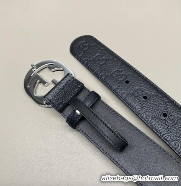 Best Price Gucci GG Embossed Grained Leather Belt 4cm with Interlocking G Buckle GG010902 Black/Shiny Silver 2025