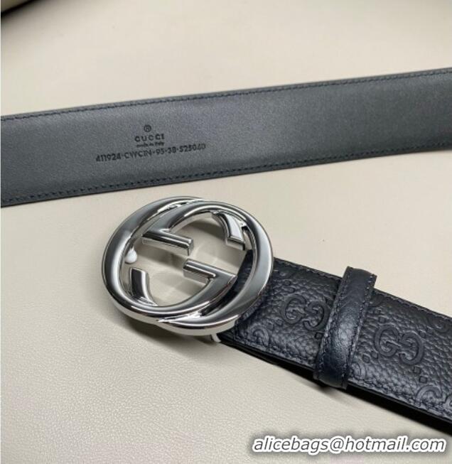 Best Price Gucci GG Embossed Grained Leather Belt 4cm with Interlocking G Buckle GG010902 Black/Shiny Silver 2025