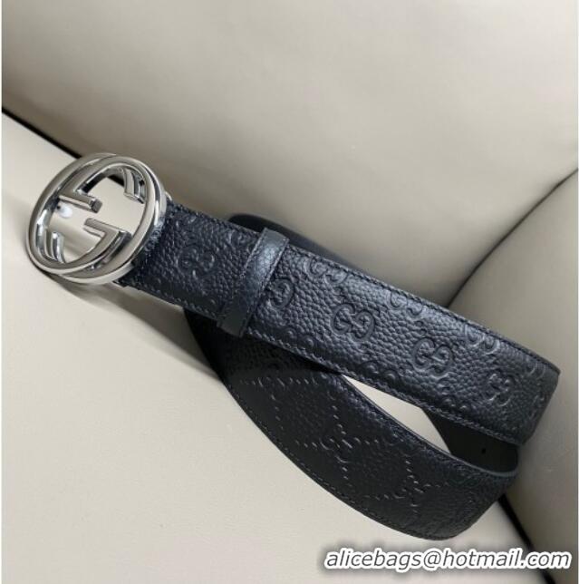 Best Price Gucci GG Embossed Grained Leather Belt 4cm with Interlocking G Buckle GG010902 Black/Shiny Silver 2025