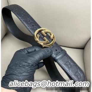 Luxury Cheap Gucci GG Embossed Grained Leather Belt 4cm with Interlocking G Buckle GG010902 Black/Shiny Gold 2025
