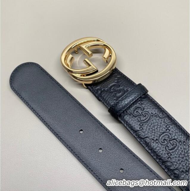 Luxury Cheap Gucci GG Embossed Grained Leather Belt 4cm with Interlocking G Buckle GG010902 Black/Shiny Gold 2025