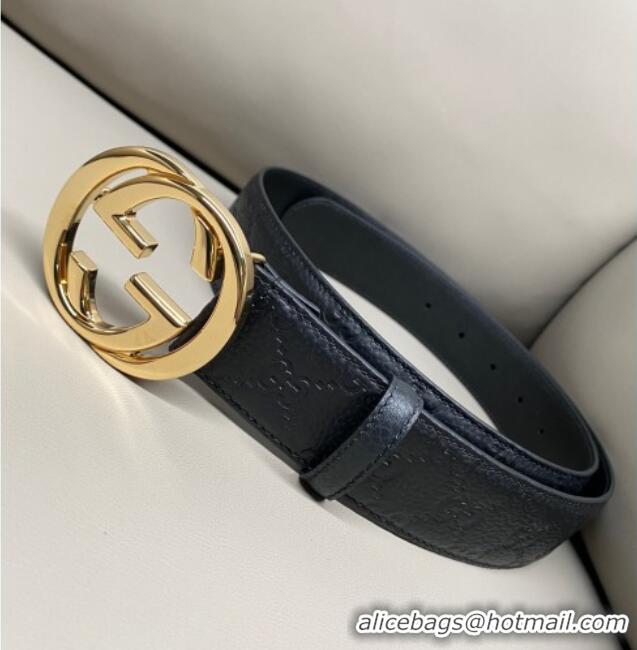 Luxury Cheap Gucci GG Embossed Grained Leather Belt 4cm with Interlocking G Buckle GG010902 Black/Shiny Gold 2025