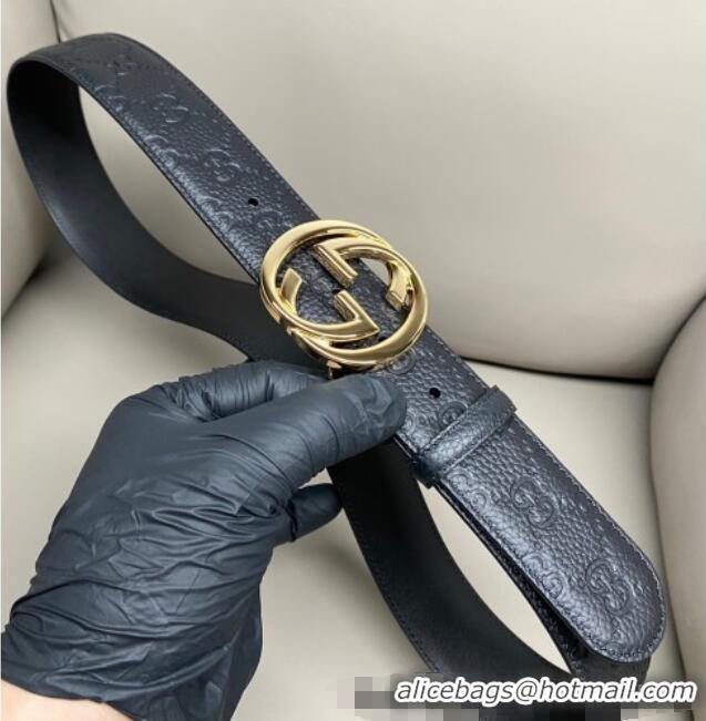 Luxury Cheap Gucci GG Embossed Grained Leather Belt 4cm with Interlocking G Buckle GG010902 Black/Shiny Gold 2025