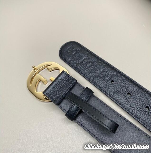 Luxury Cheap Gucci GG Embossed Grained Leather Belt 4cm with Interlocking G Buckle GG010902 Black/Shiny Gold 2025