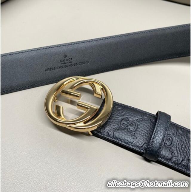 Luxury Cheap Gucci GG Embossed Grained Leather Belt 4cm with Interlocking G Buckle GG010902 Black/Shiny Gold 2025