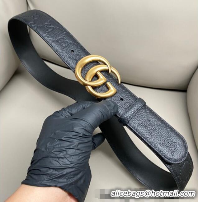 Buy Cheap Gucci GG Embossed Grained Leather Belt 4cm with GG Buckle GG010902 Black/Aged Gold 2025