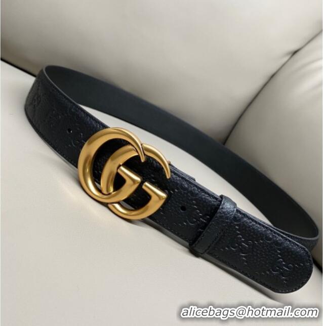 Buy Cheap Gucci GG Embossed Grained Leather Belt 4cm with GG Buckle GG010902 Black/Aged Gold 2025